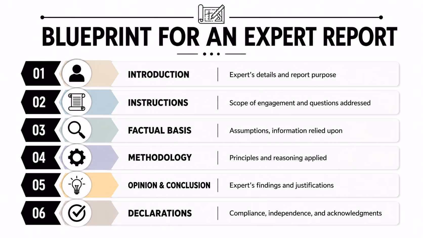 A visual guide outlining the six essential structural components required for a professional expert witness report.