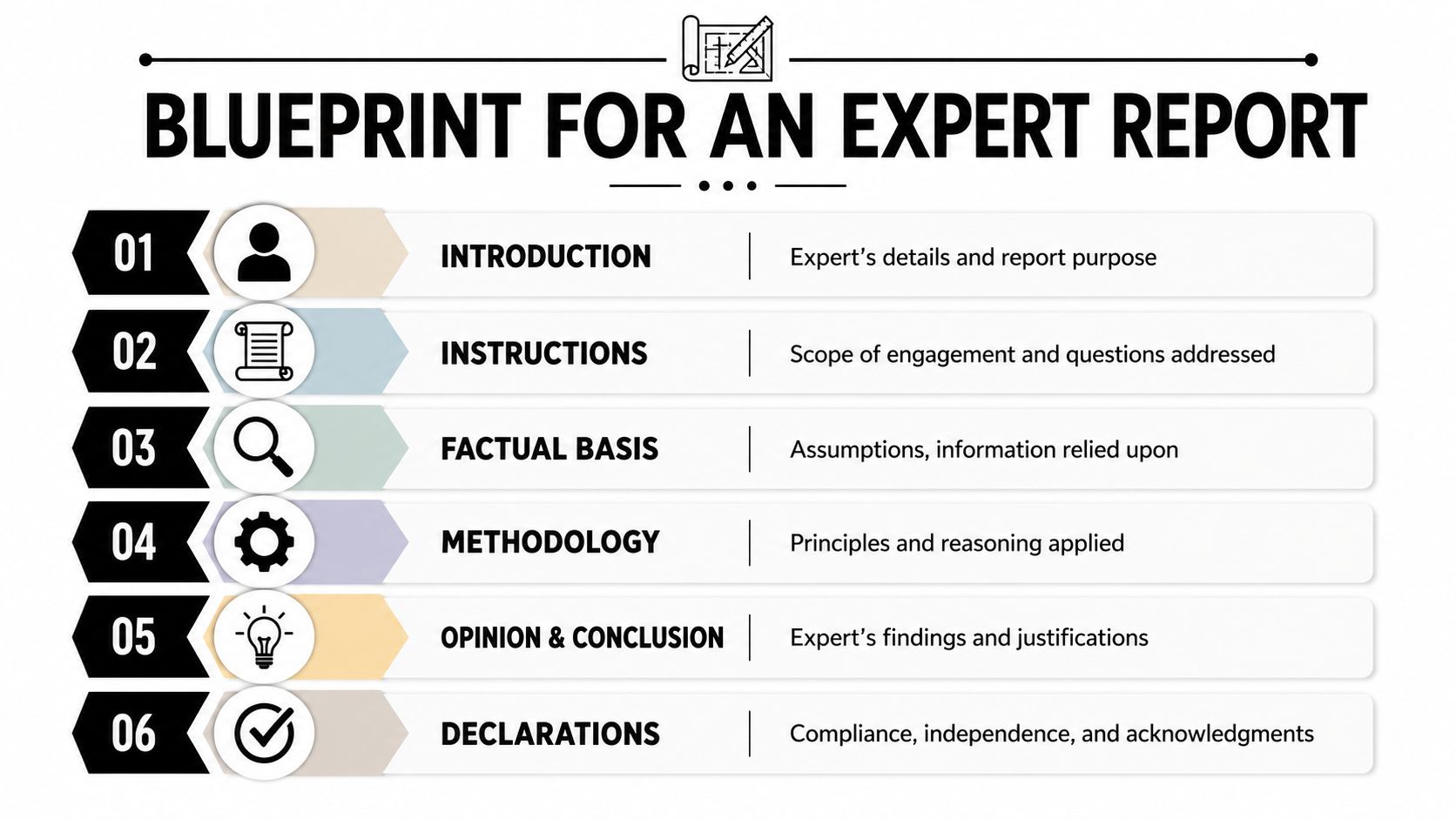 A visual guide outlining the six essential structural components required for a professional expert witness report.
