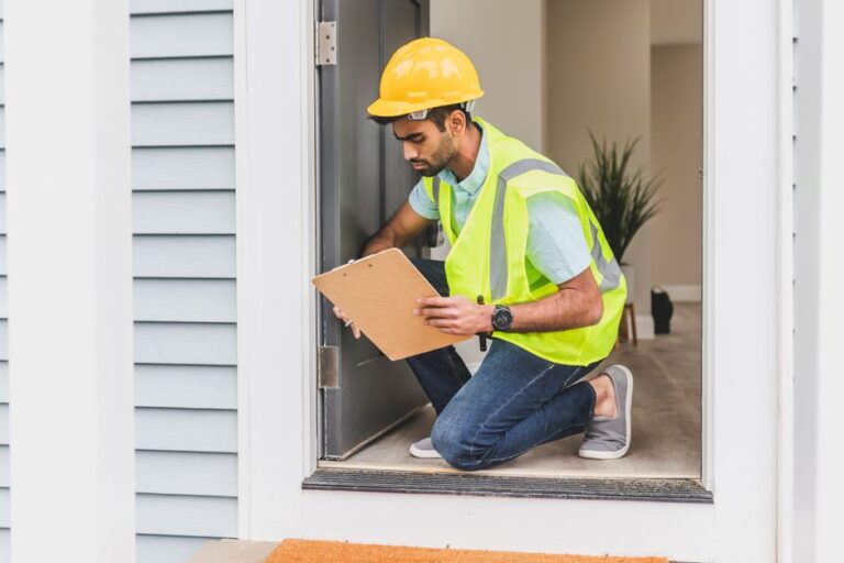 Construction worker in a neon safety vest and yellow hard hat kneels at a doorway, holding a clipboard and inspecting the home entrance.
