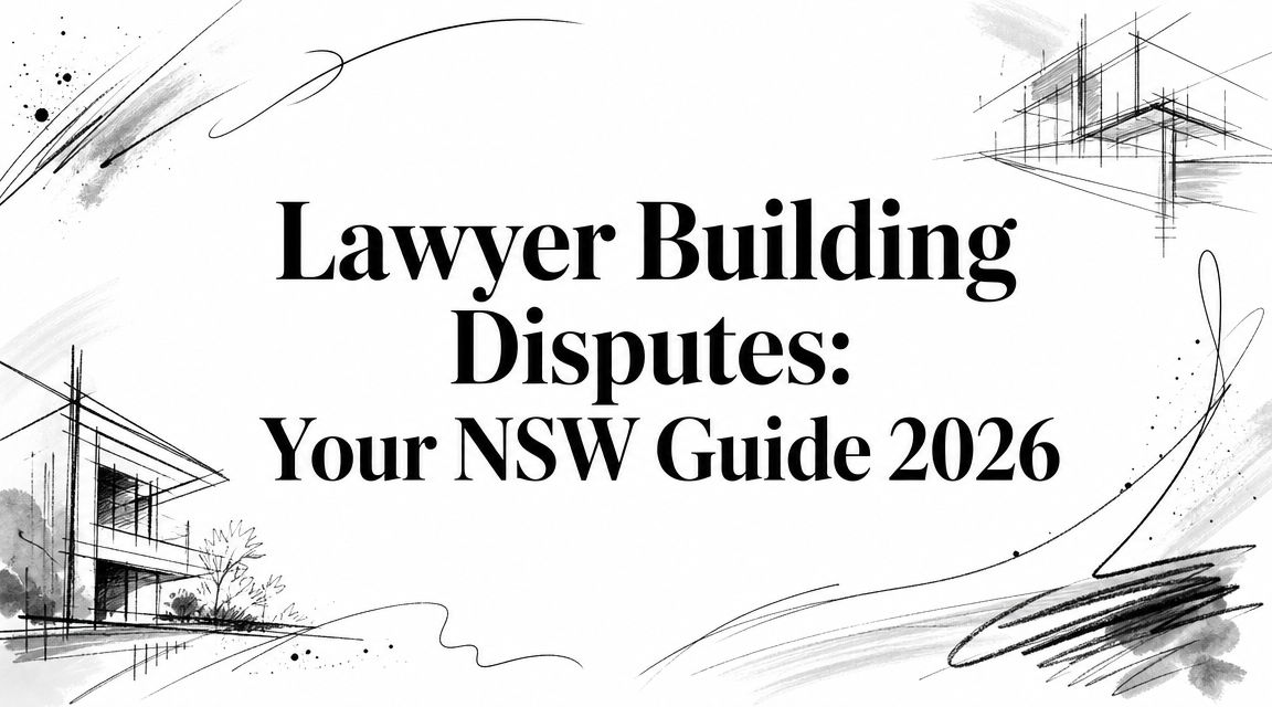 Cover image for an article: 'Lawyer Building Disputes: Your NSW Guide 2026' with black architectural sketch accents on white background, minimal and modern design.