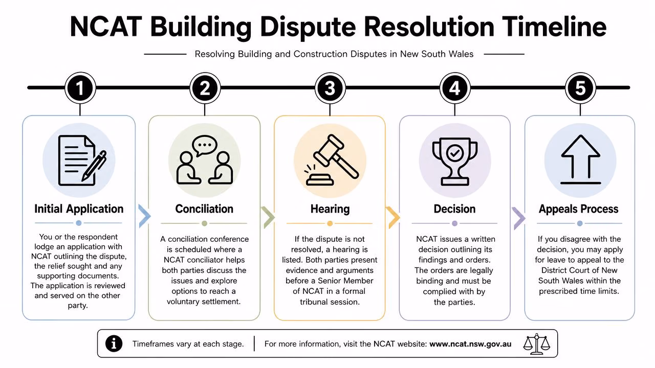 A five-step flowchart illustrating the NCAT building dispute resolution timeline process from application to potential appeal.
