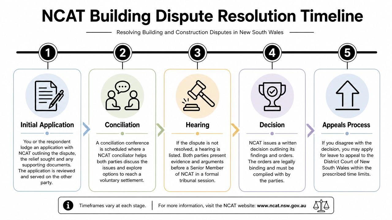 A five-step flowchart illustrating the NCAT building dispute resolution timeline process from application to potential appeal.