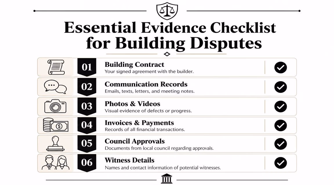 A checklist for legal evidence in building disputes including contracts, communication records, photos, payments, approvals, and witnesses.