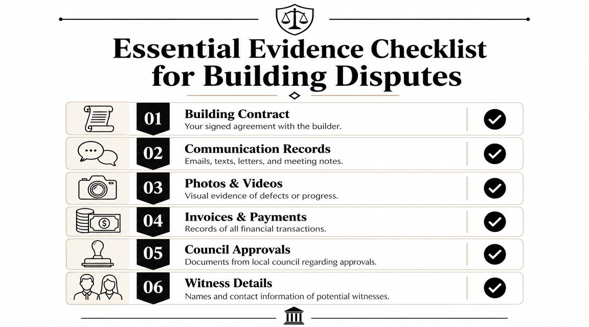 A checklist for legal evidence in building disputes including contracts, communication records, photos, payments, approvals, and witnesses.