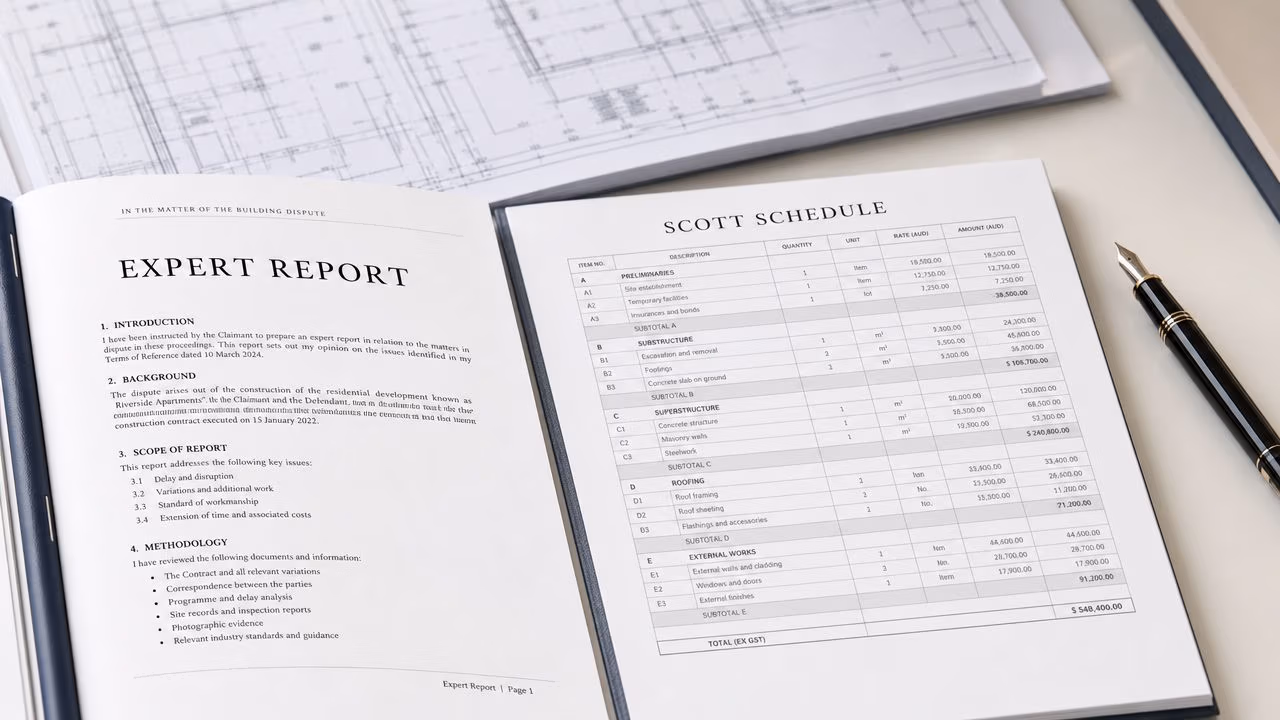 An expert legal report on building disputes laid on a desk next to architectural plans and a pen.