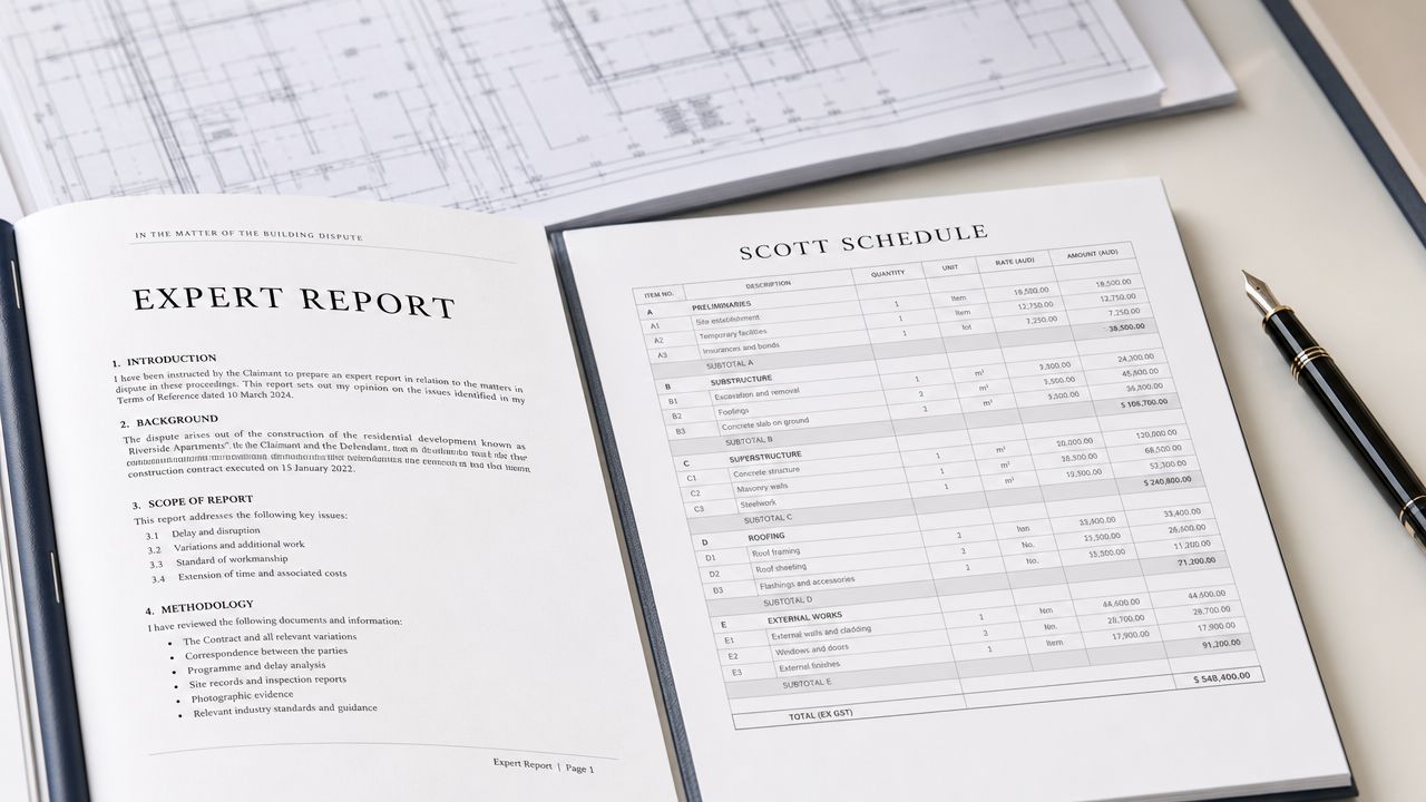 An expert legal report on building disputes laid on a desk next to architectural plans and a pen.