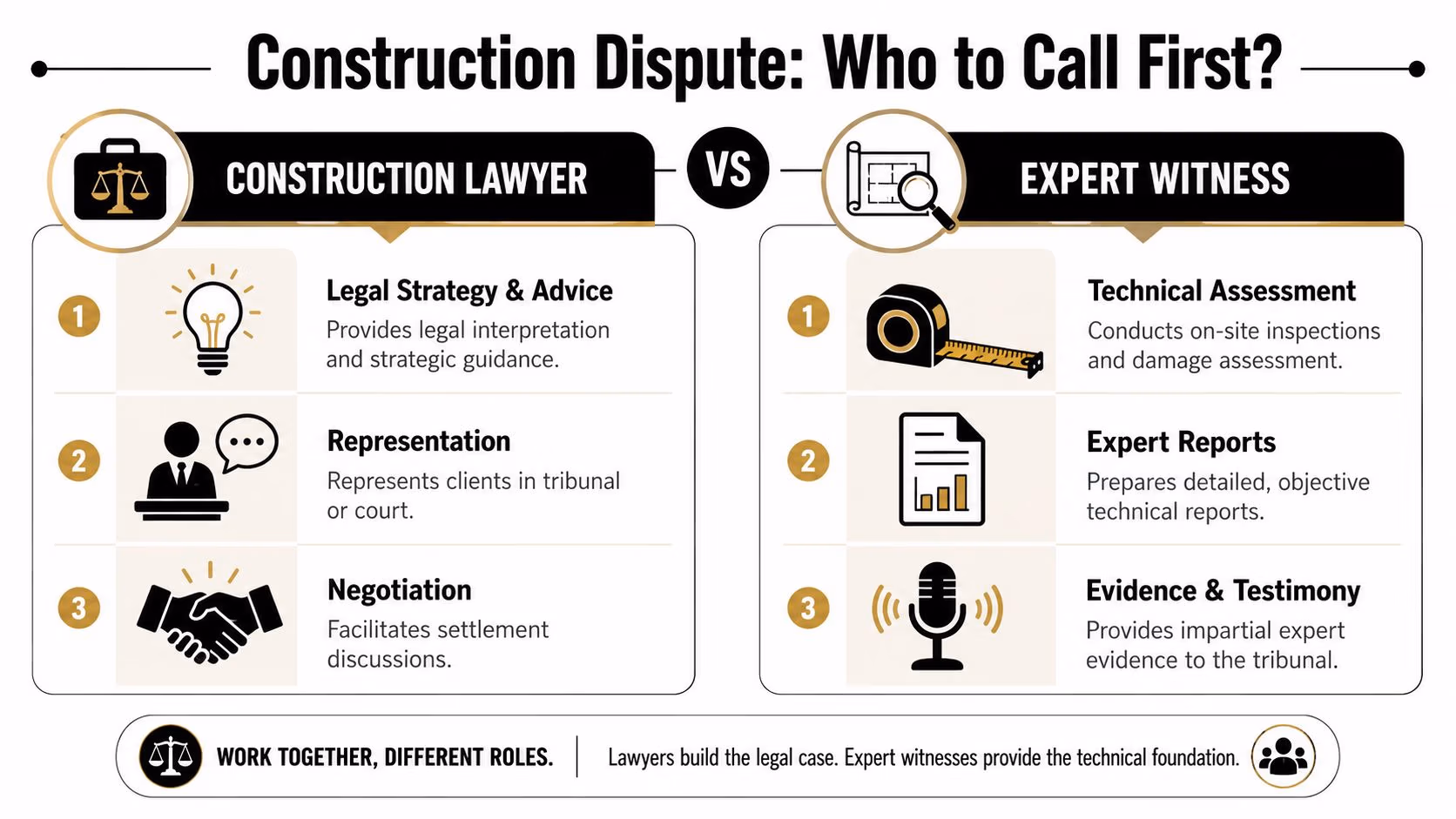 A comparison infographic between the roles of a construction lawyer and an expert witness in legal disputes.