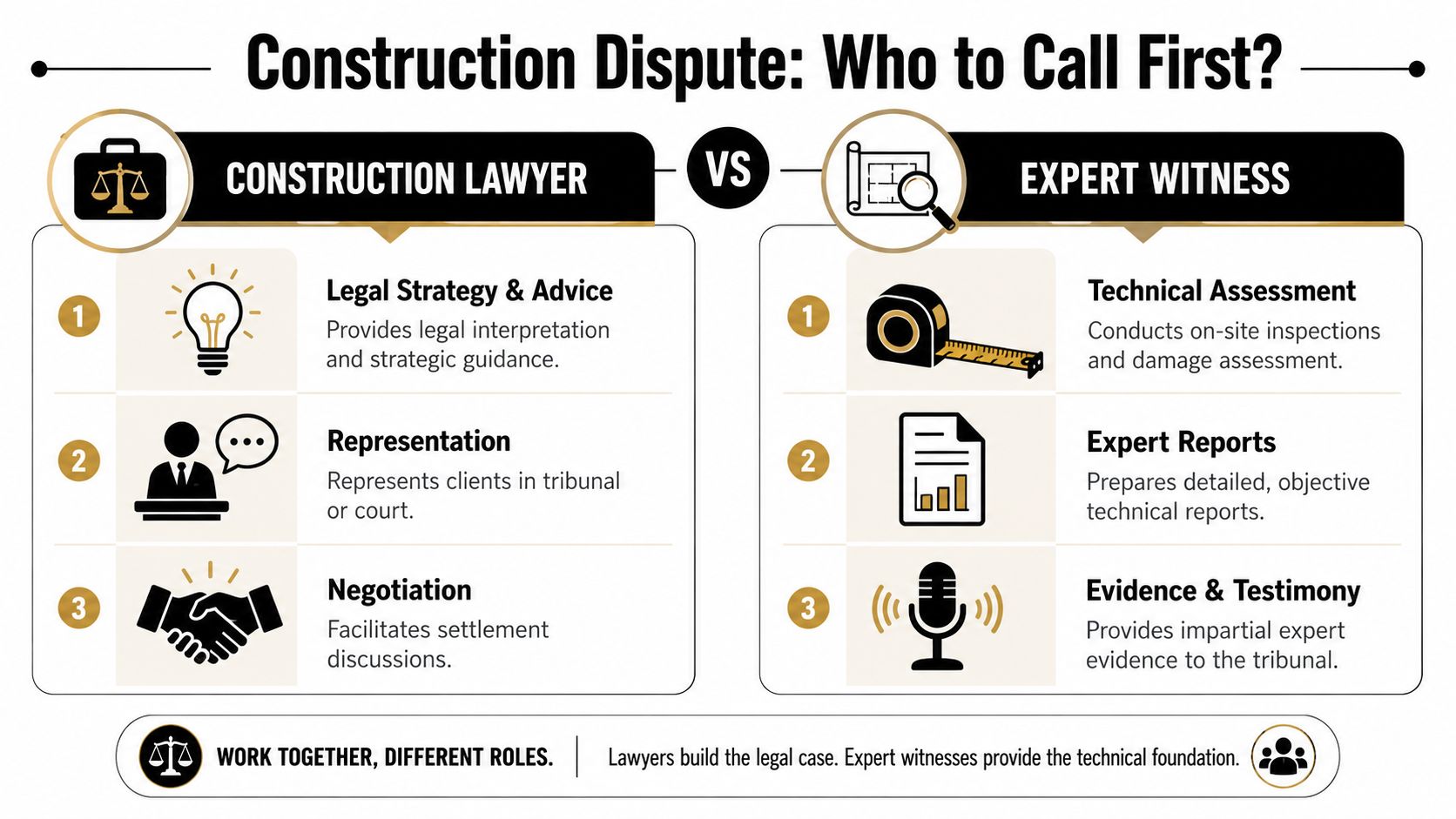 A comparison infographic between the roles of a construction lawyer and an expert witness in legal disputes.