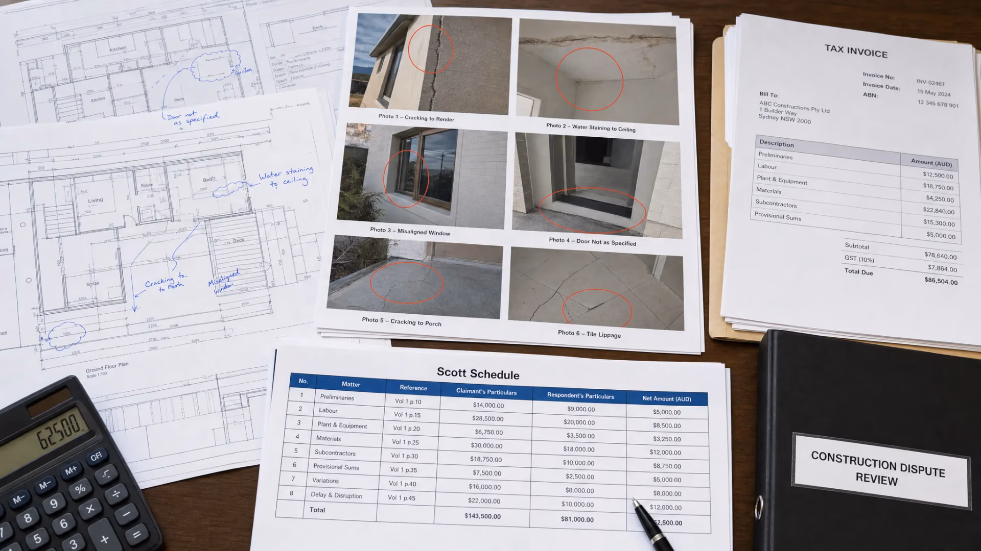 Printed building plans, marked defect photographs, invoices and a structured Scott Schedule table arranged on a desk for a construction dispute review.