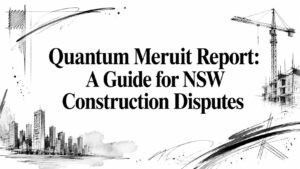 Cover image with the title 'Quantum Meruit Report: A Guide for NSW Construction Disputes' in bold serif font, framed by sketchy construction-site drawings and a crane.