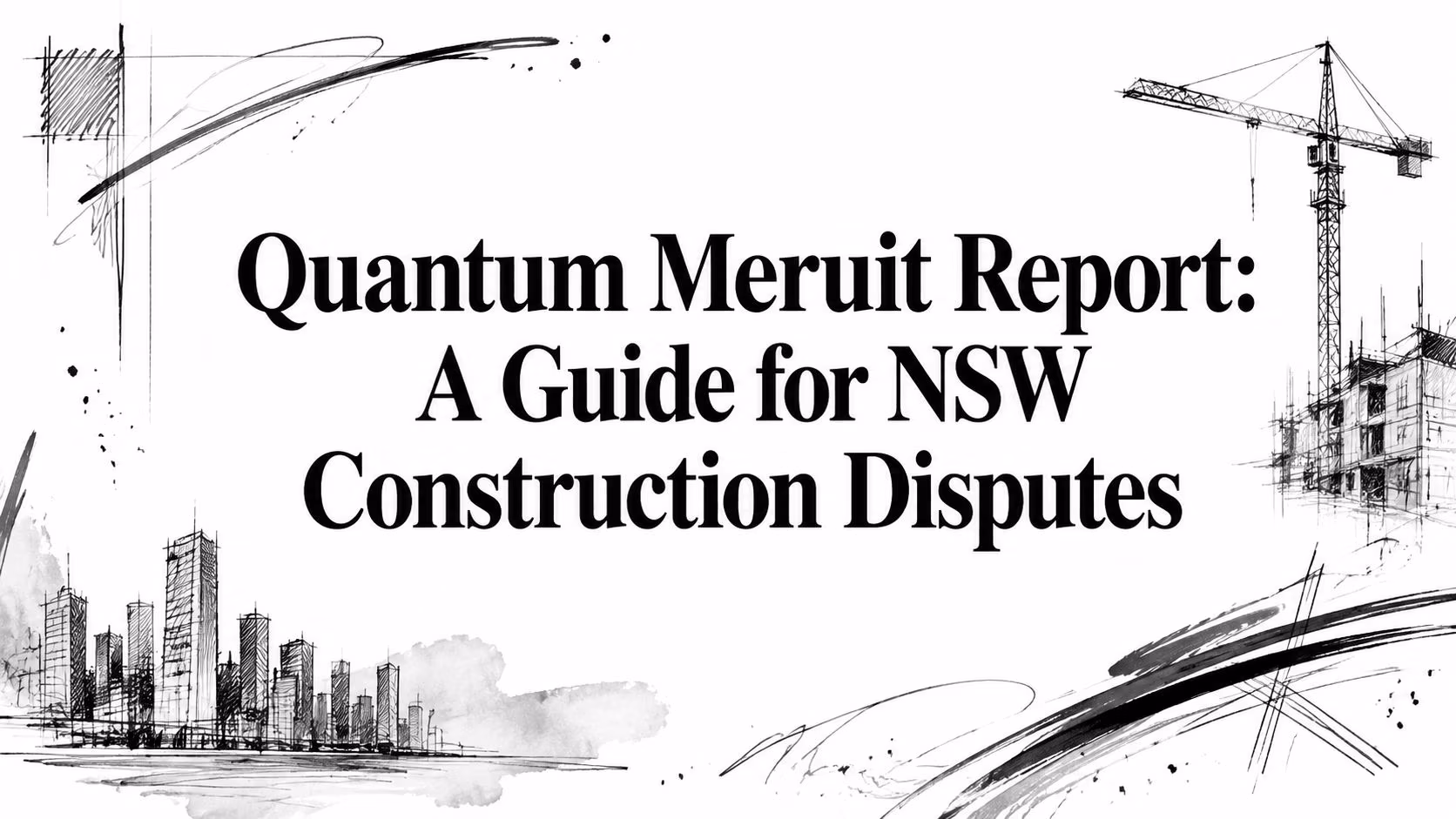 Cover image with the title 'Quantum Meruit Report: A Guide for NSW Construction Disputes' in bold serif font, framed by sketchy construction-site drawings and a crane.