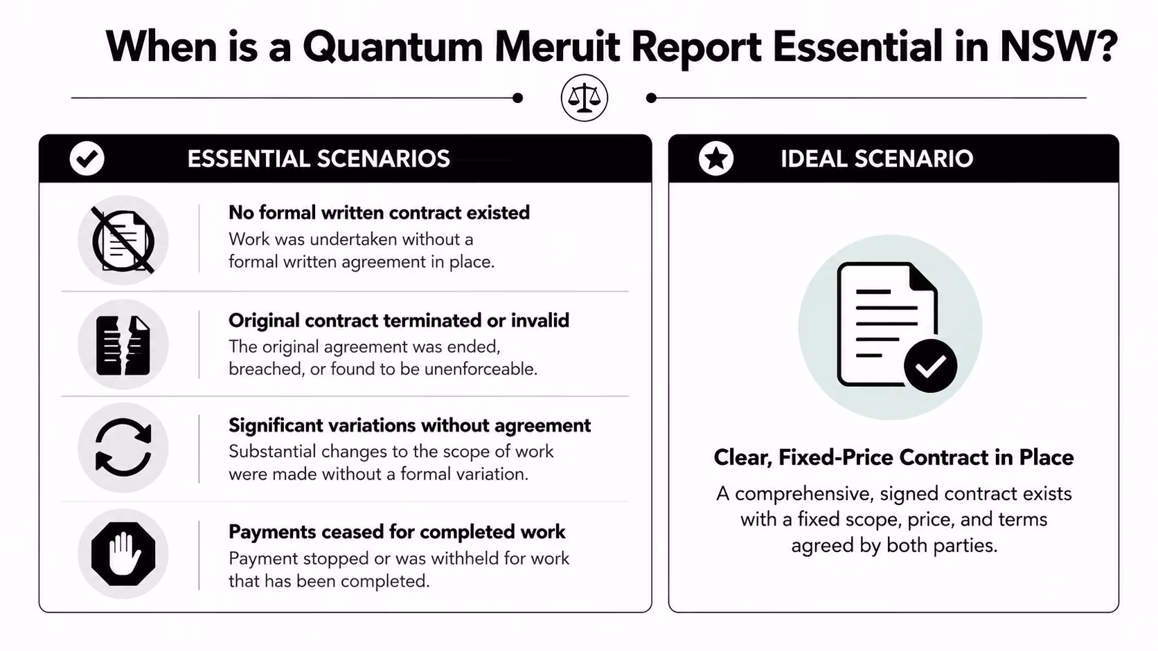 An infographic detailing essential scenarios where a quantum meruit report is required in NSW construction law.
