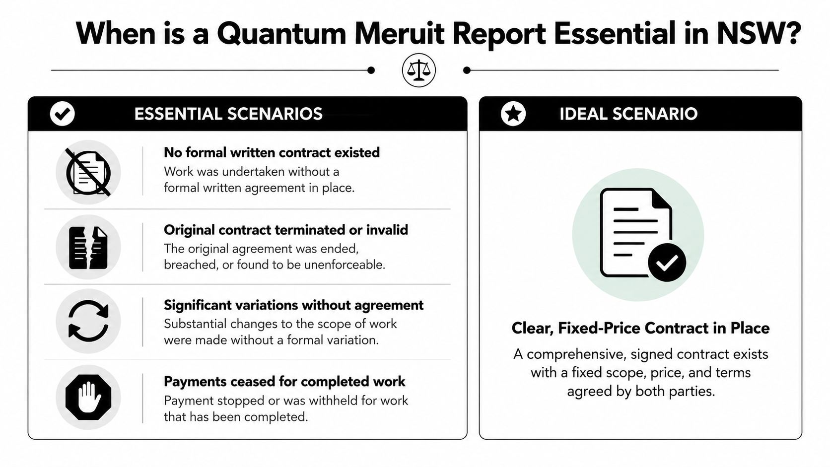 An infographic detailing essential scenarios where a quantum meruit report is required in NSW construction law.