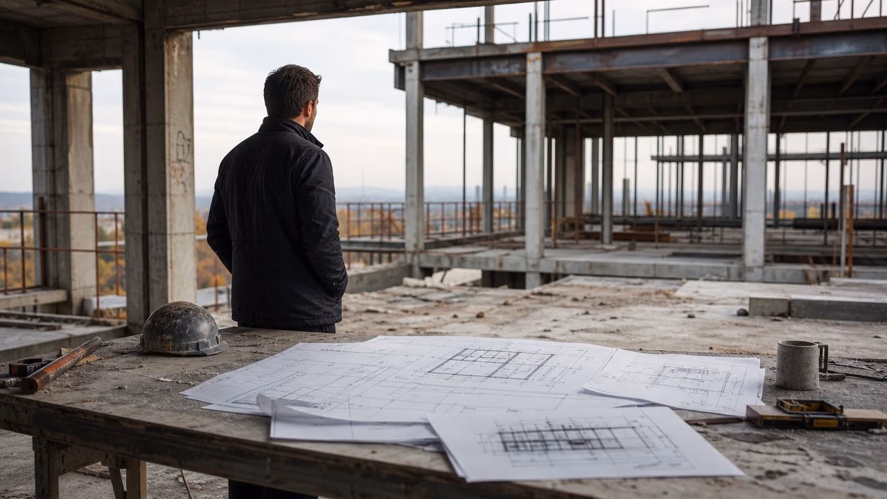 A construction manager looking at building blueprints in an unfinished concrete structure at a development site.