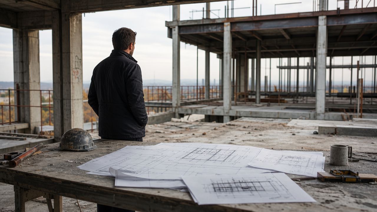 A construction manager looking at building blueprints in an unfinished concrete structure at a development site.