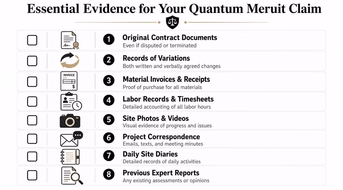A checklist infographic titled Essential Evidence for Your Quantum Meruit Claim, listing eight types of necessary project documentation.