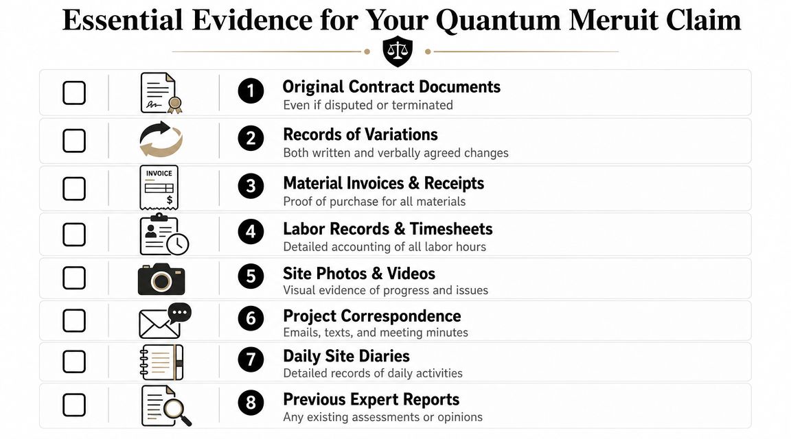 A checklist infographic titled Essential Evidence for Your Quantum Meruit Claim, listing eight types of necessary project documentation.
