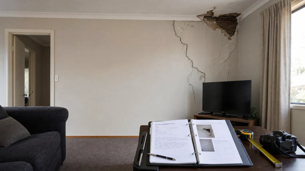 Living room with a large vertical crack in the wall near a TV on a stand, exposing wall damage and drywall near the ceiling. A curtain-covered window is on the right, and a desk with notebooks, tape measure, and camera gear sits in the foreground.