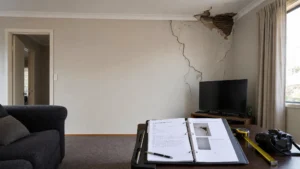 Living room with a large vertical crack in the wall near a TV on a stand, exposing wall damage and drywall near the ceiling. A curtain-covered window is on the right, and a desk with notebooks, tape measure, and camera gear sits in the foreground.