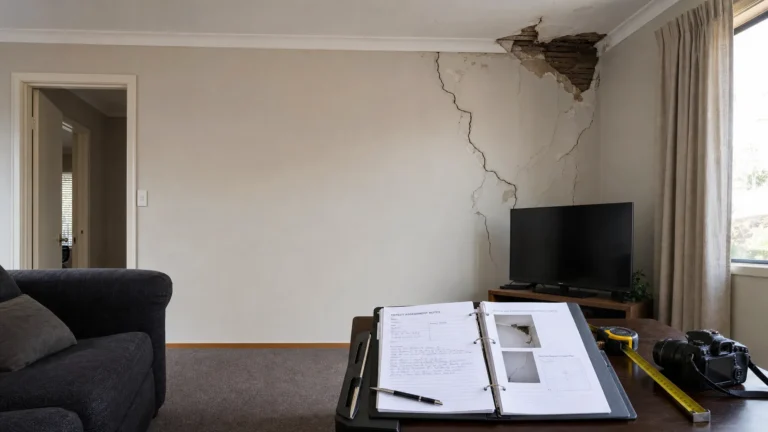 Living room with a large vertical crack in the wall near a TV on a stand, exposing wall damage and drywall near the ceiling. A curtain-covered window is on the right, and a desk with notebooks, tape measure, and camera gear sits in the foreground.