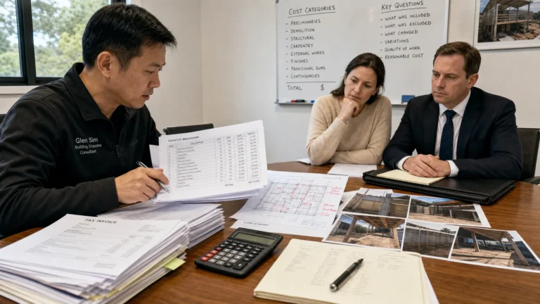 Three professionals review documents at a conference table, with invoices, blueprints, and photos spread out.