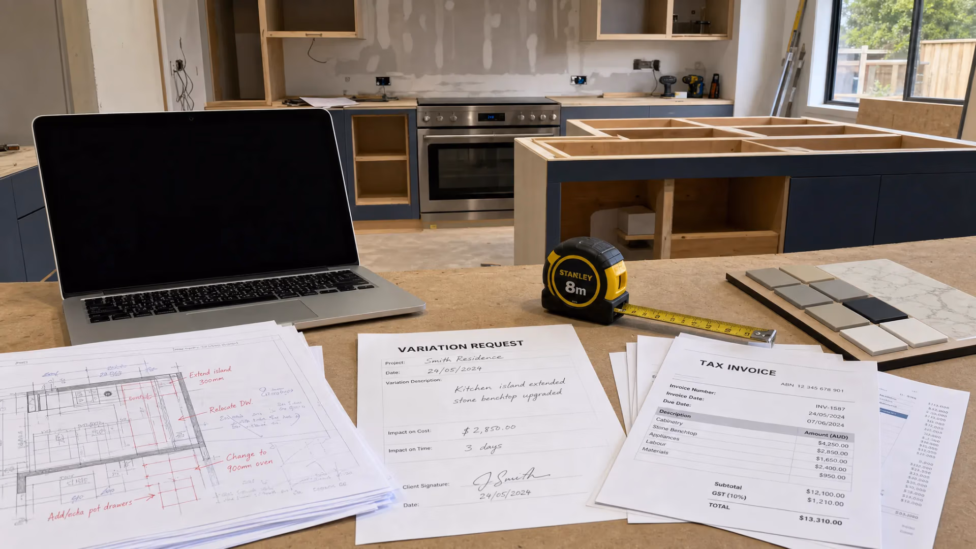 Construction site kitchen: laptop, measuring tape, and contract papers on a workbench in front of unfinished cabinets and appliances in progress.