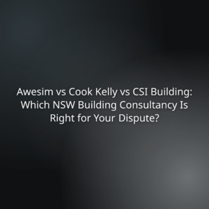 Title slide: Awesim vs Cook Kelly vs CSI Building—Which NSW building consultancy is right for your dispute?