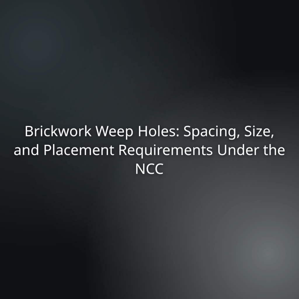 Title slide: 'Brickwork Weep Holes: Spacing, Size, and Placement Requirements Under the NCC' on a dark gradient background, used for a presentation topic about brickwork weep holes.