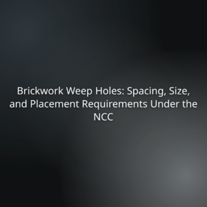0e2eb42c-f51f-4f51-b1ec-3f519d5016b6 - Title slide: 'Brickwork Weep Holes: Spacing, Size, and Placement Requirements Under the NCC' on a dark gradient background, used for a presentation topic about brickwork weep holes.