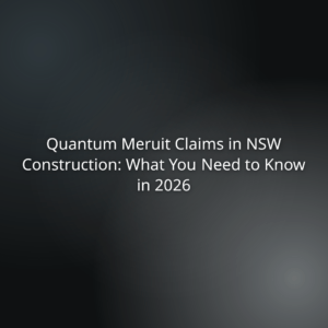 Title slide: 'Quantum Meruit Claims in NSW Construction: What You Need to Know in 2026' on a dark gradient background