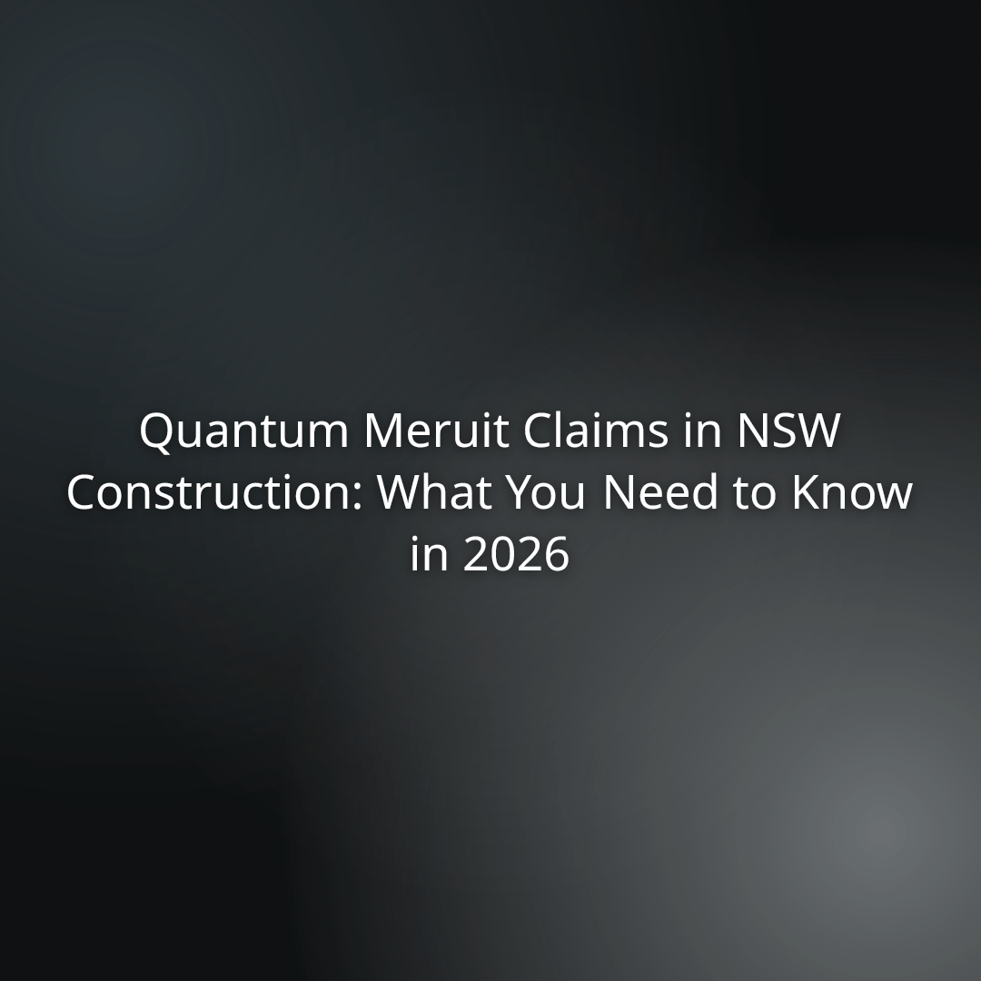 Title slide: 'Quantum Meruit Claims in NSW Construction: What You Need to Know in 2026' on a dark gradient background