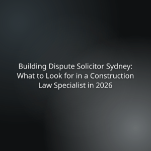 Hero title slide: Building Dispute Solicitor Sydney — What to Look for in a Construction Law Specialist in 2026.