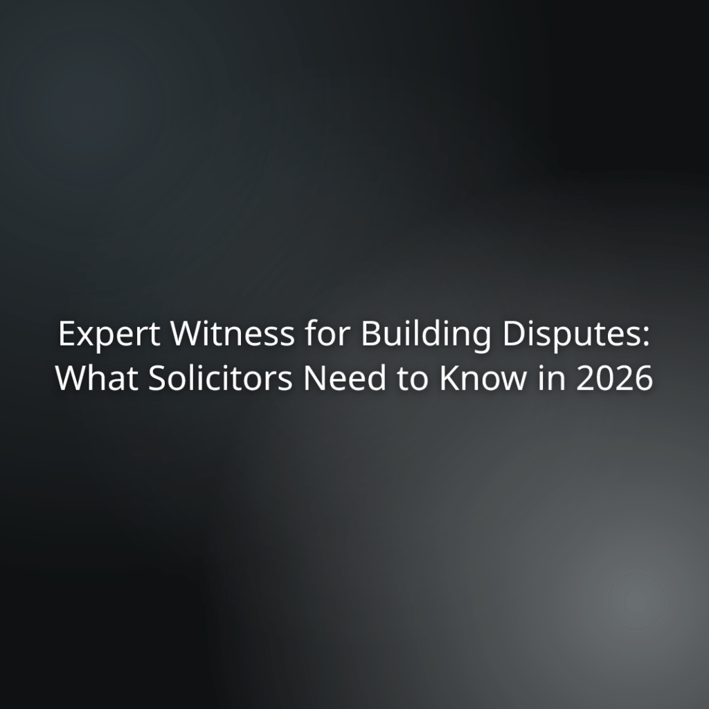 “Expert Witness for Building Disputes: What Solicitors Need to Know in 2026” banner image showing the article title on a dark gradient background