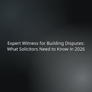 “Expert Witness for Building Disputes: What Solicitors Need to Know in 2026” banner image showing the article title on a dark gradient background