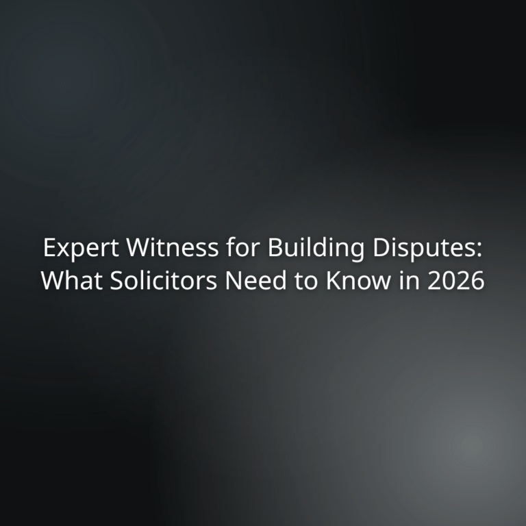“Expert Witness for Building Disputes: What Solicitors Need to Know in 2026” banner image showing the article title on a dark gradient background