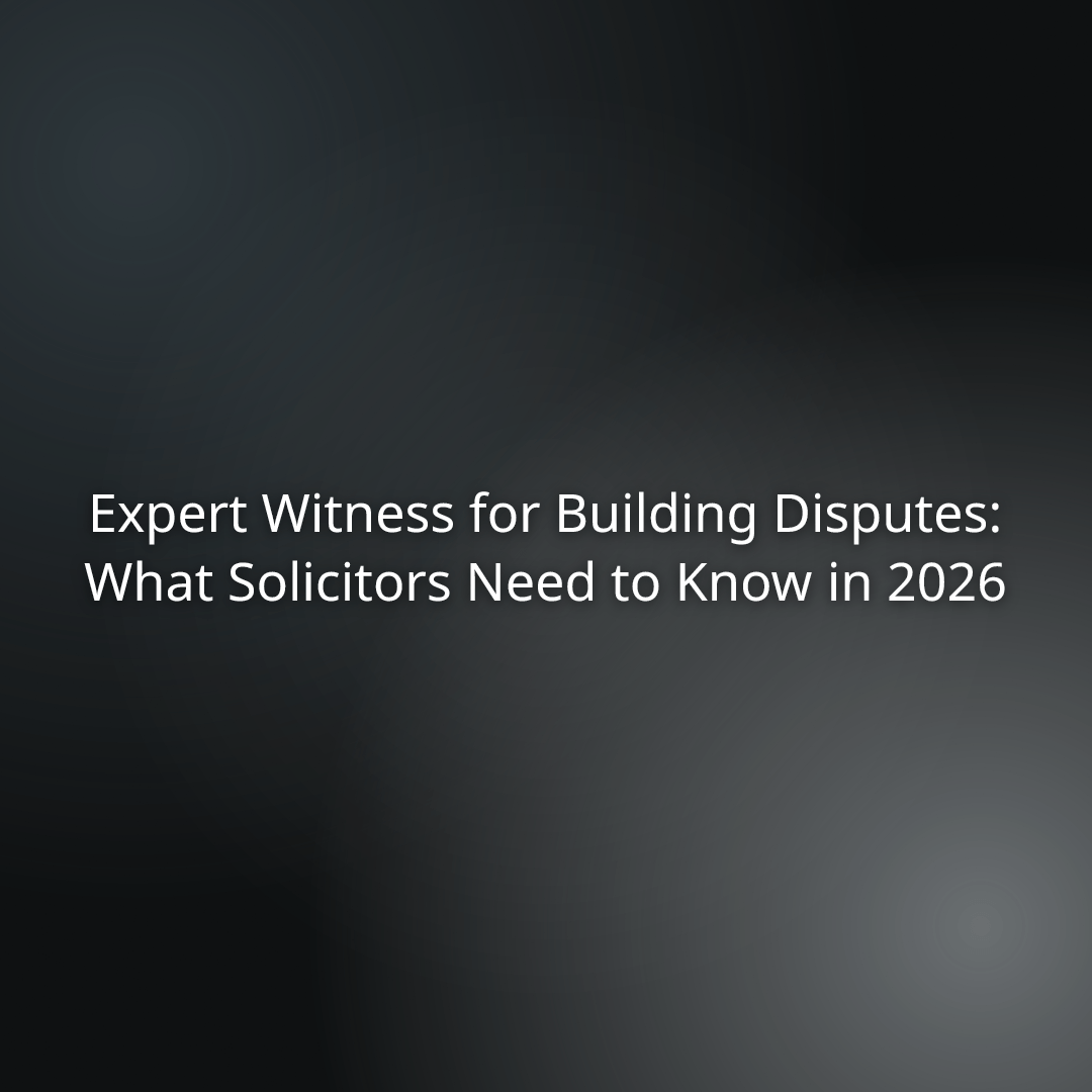 “Expert Witness for Building Disputes: What Solicitors Need to Know in 2026” banner image showing the article title on a dark gradient background