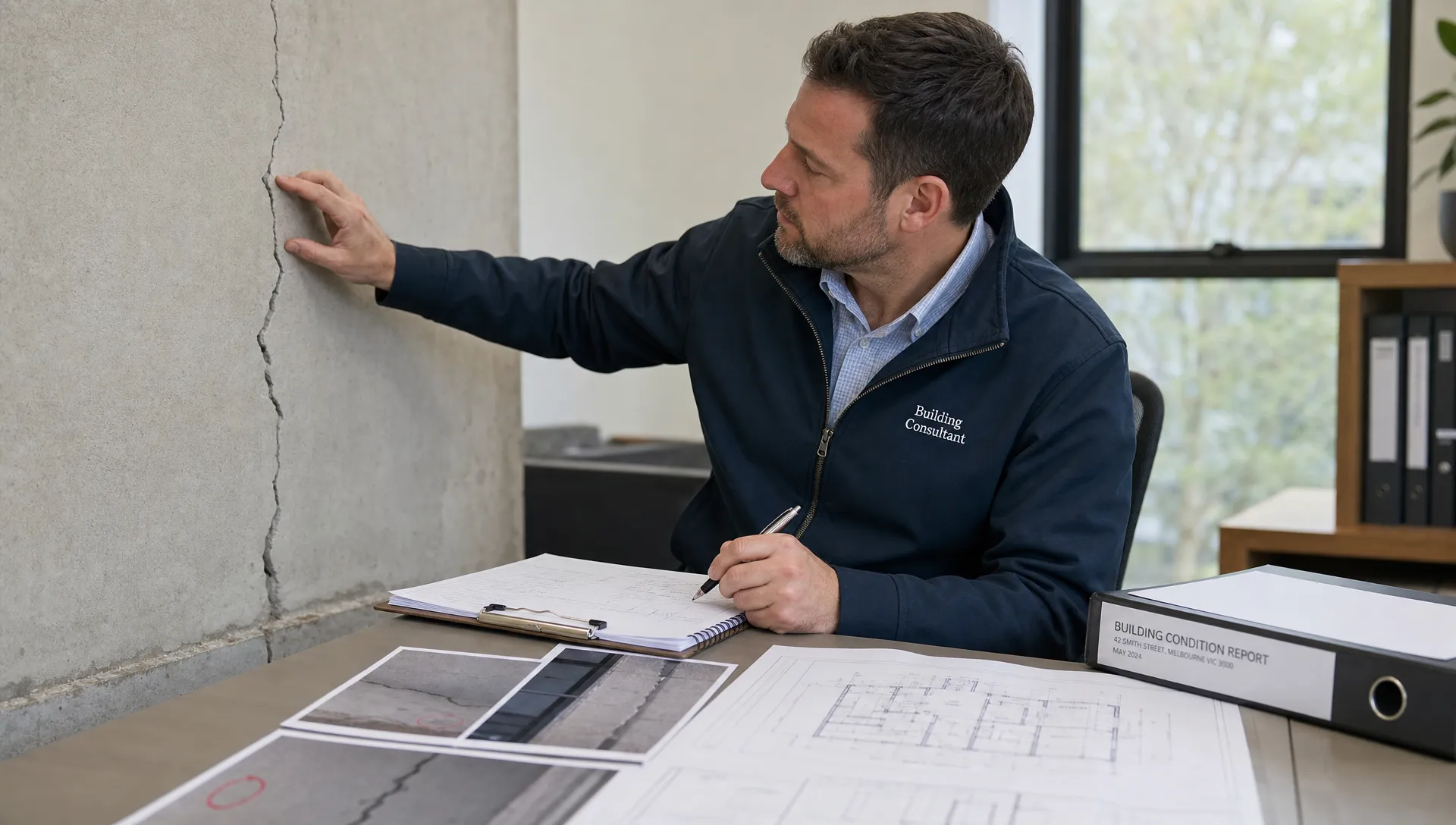 A building consultant examining exterior wall cracking beside inspection notes, marked photographs and construction documents laid out on a table in a neutral office.