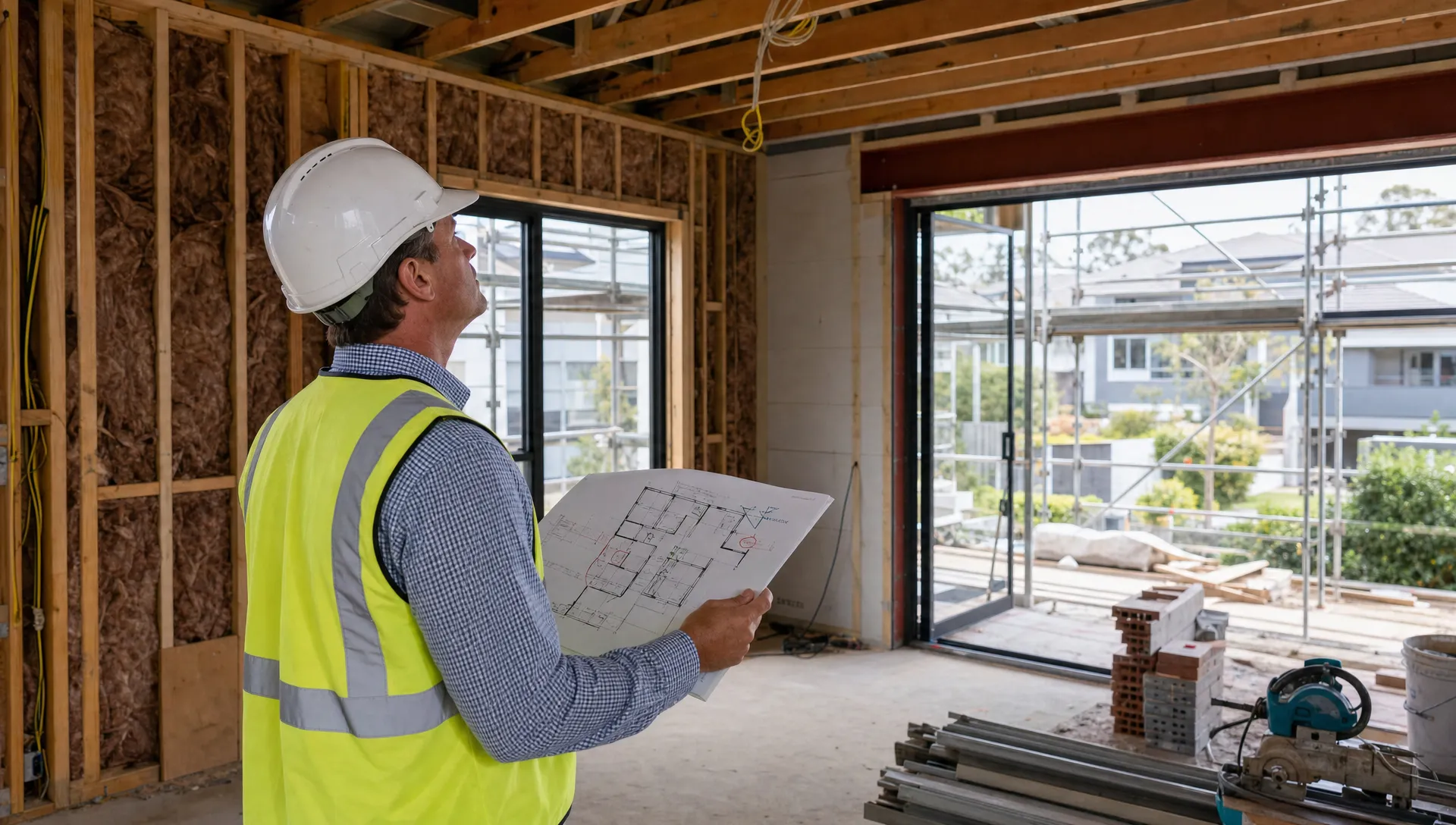 A building consultant inspecting a partially completed residential construction site, holding marked plans while checking visible workmanship, unfinished areas and construction details.