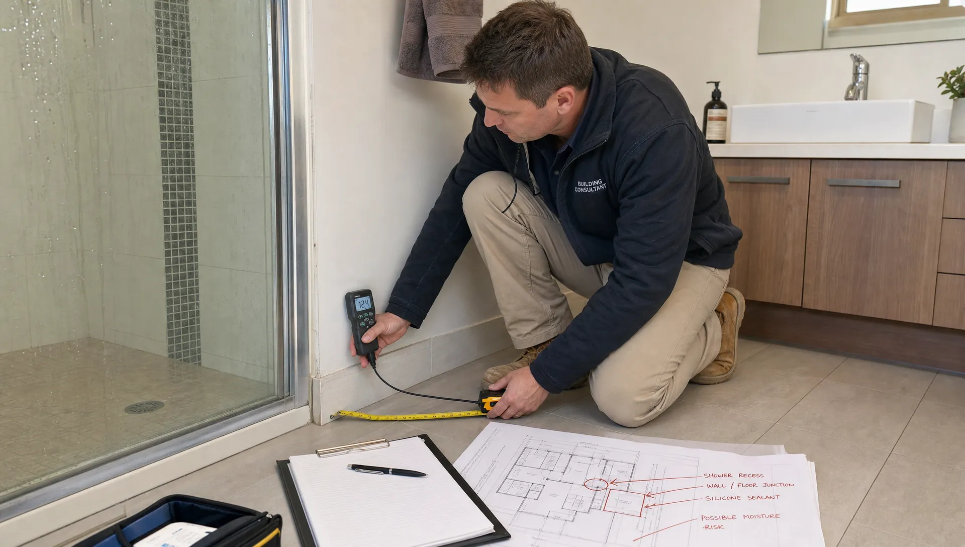 A building consultant inspecting a residential bathroom with a tape measure, moisture meter, marked drawings and visible wall and floor junctions.