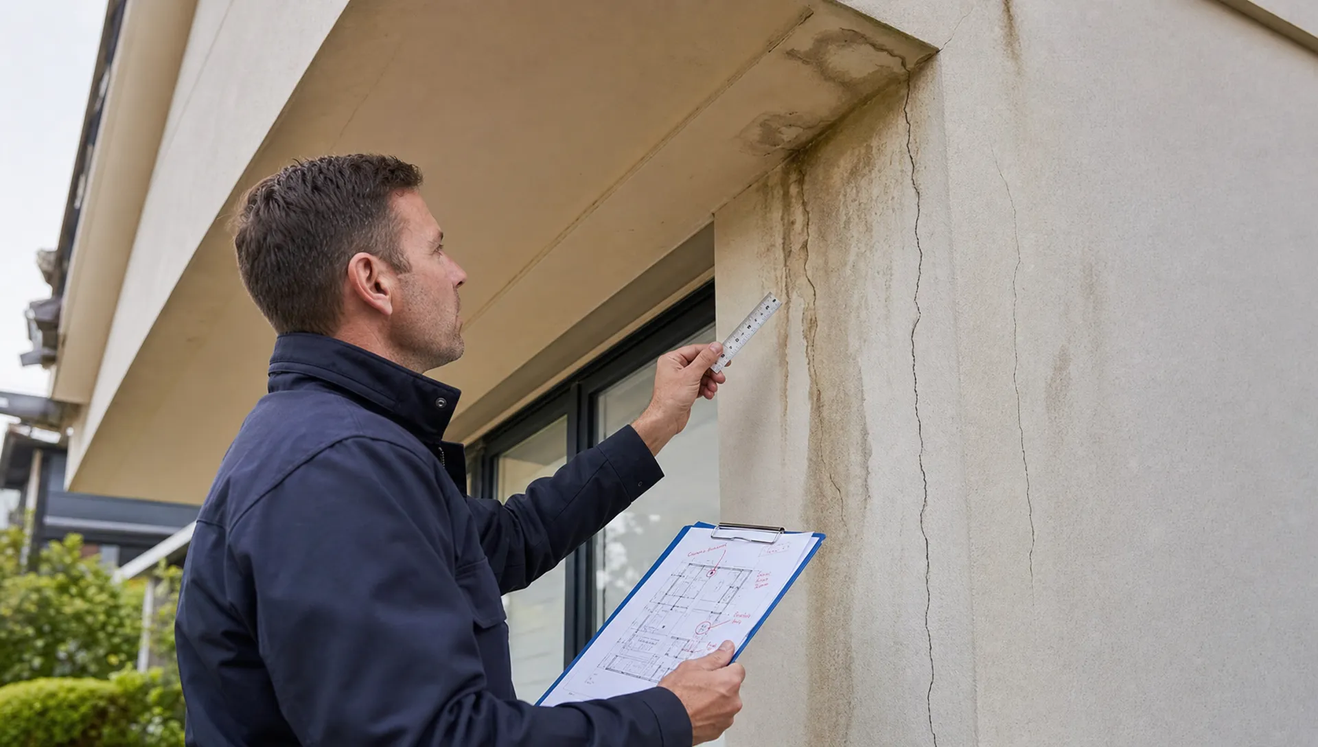 A building consultant inspecting a Sydney residential property from a low angle, with marked plans on a clipboard, a measuring tool in hand, and close-up evidence of cracking and water staining on the wall.