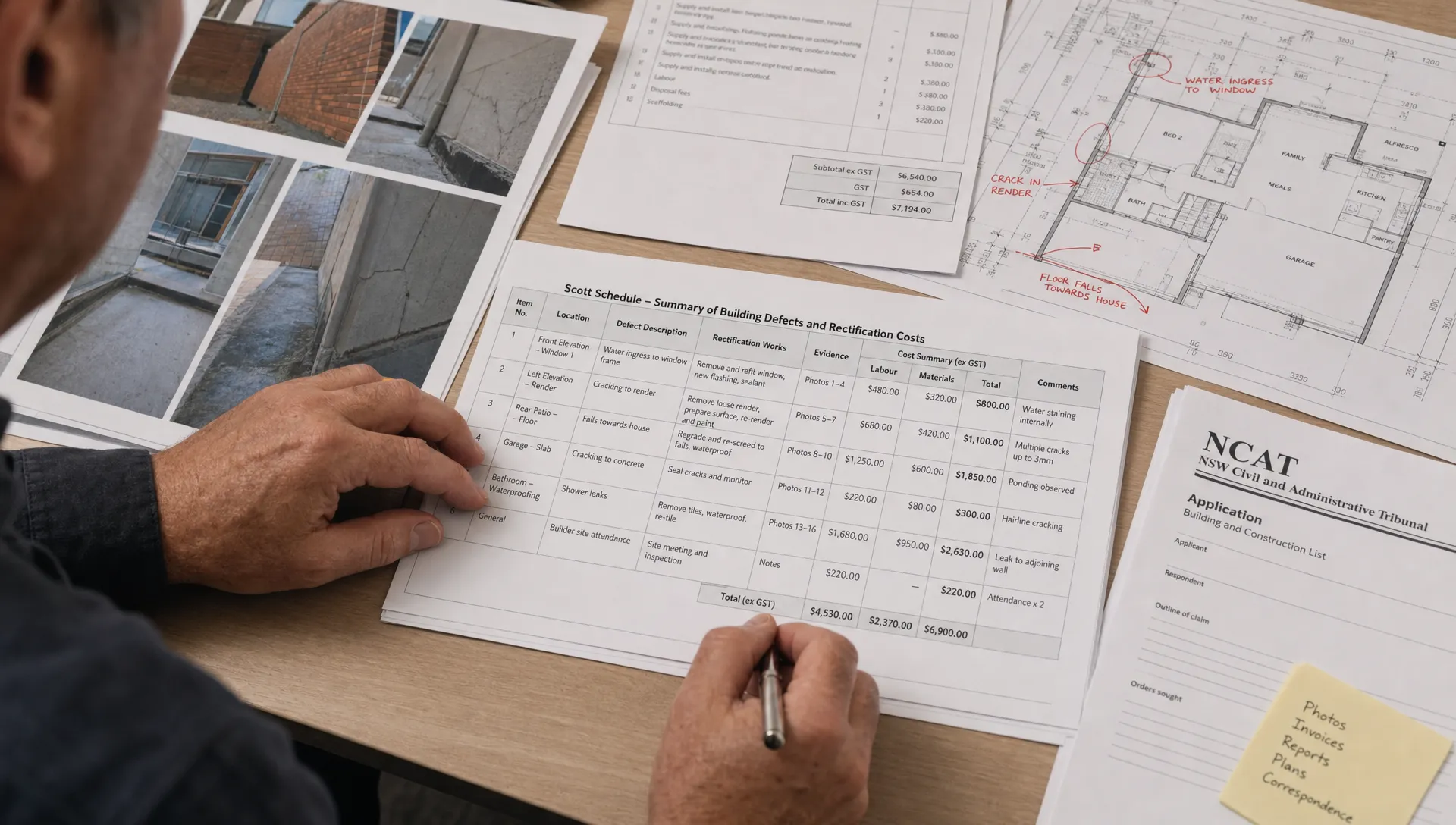 A building consultant reviewing defect photographs, invoices, marked-up plans and NCAT documents arranged into a structured Scott Schedule for a NSW residential building dispute, shown in a close-up overhead view on a desk.
