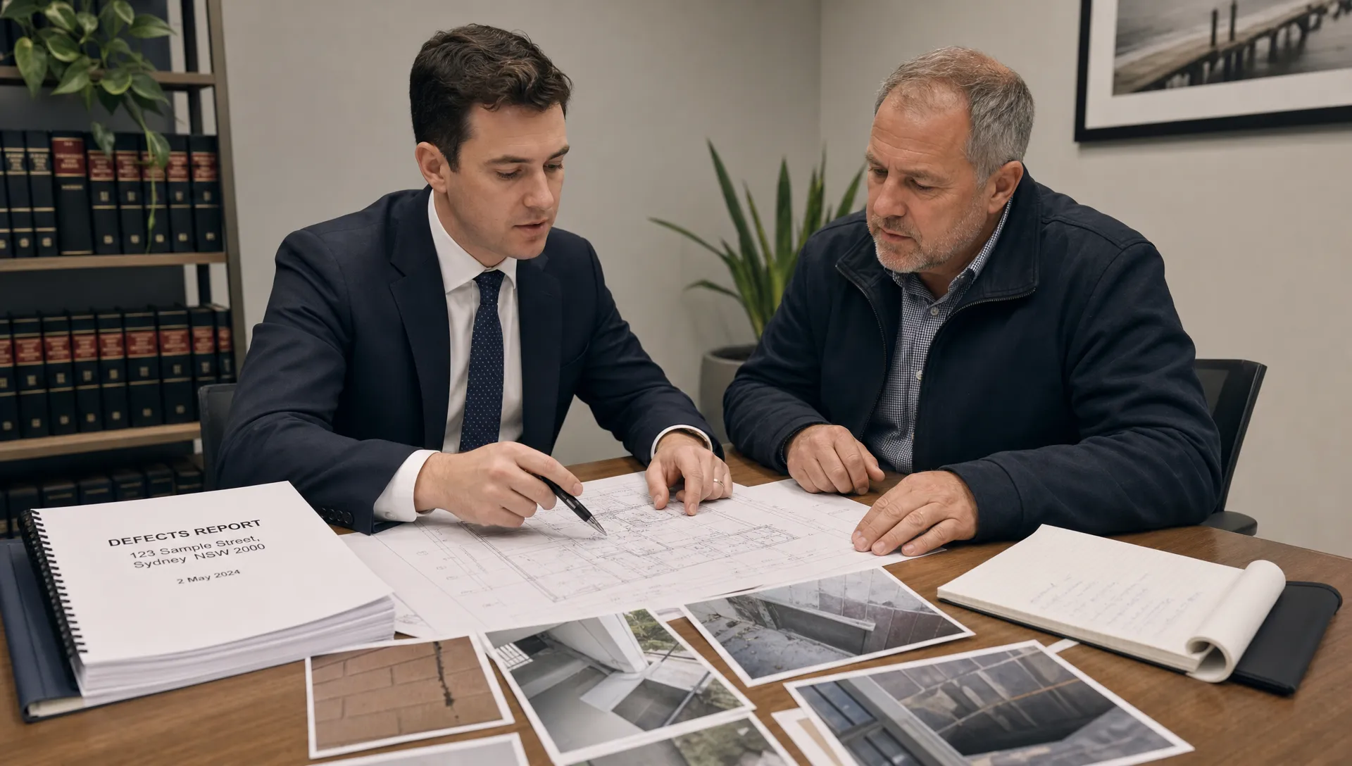 A building dispute solicitor and an independent building consultant reviewing construction documents, site photos, and a defects report together at a meeting table in a neutral office, with the papers and photos as the clear focal point.