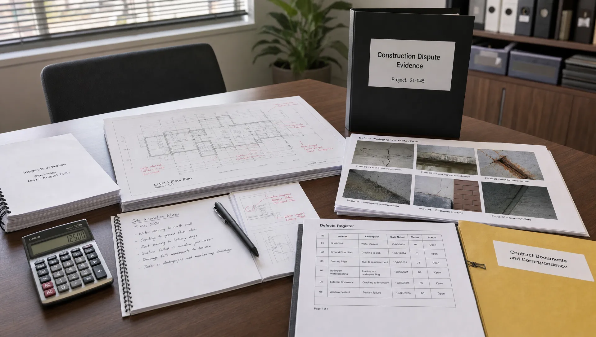 A construction dispute evidence table in a quiet office with marked building plans, inspection notes, photographs of defects and a calculator arranged neatly for legal review.