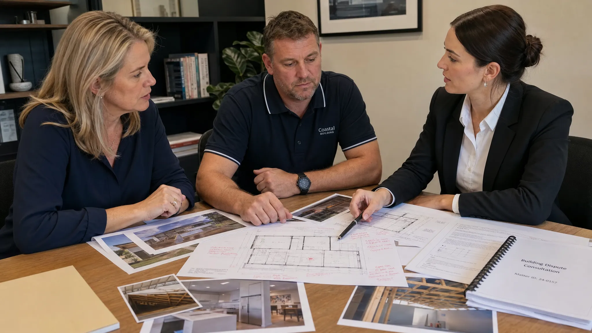 A homeowner, builder and solicitor reviewing building plans, printed photographs and marked-up construction documents on a meeting table during a building dispute consultation.