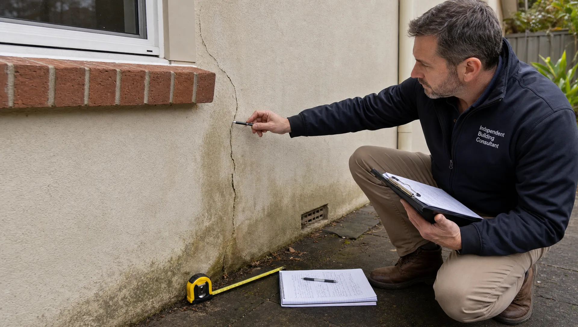 A medium shot of an independent building consultant inspecting a cracked residential wall, with moisture staining, a tape measure and inspection notes visible beside the defect.