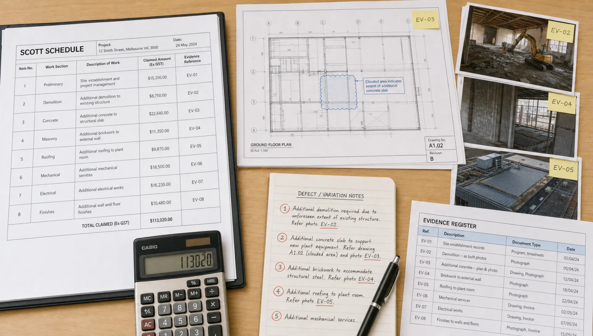 A neatly organised Scott Schedule table on a desk beside printed construction drawings, site photographs, a calculator and marked-up defect notes, with each item linked to the matching evidence reference.
