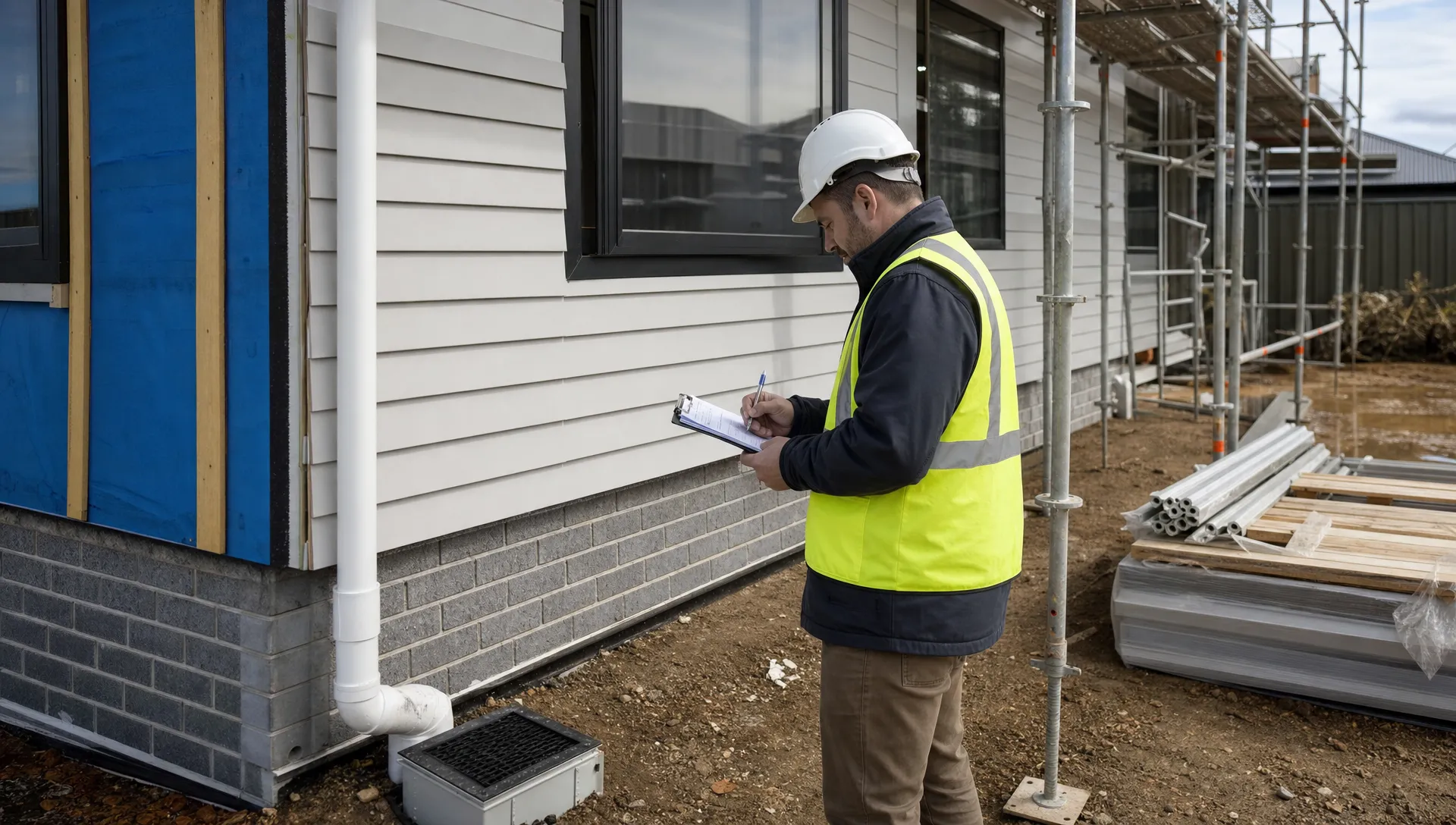 A residential construction site in New South Wales with a building consultant inspecting exterior cladding, drainage and unfinished works while taking notes on a clipboard, with a scaffolded side elevation and stacked materials nearby.