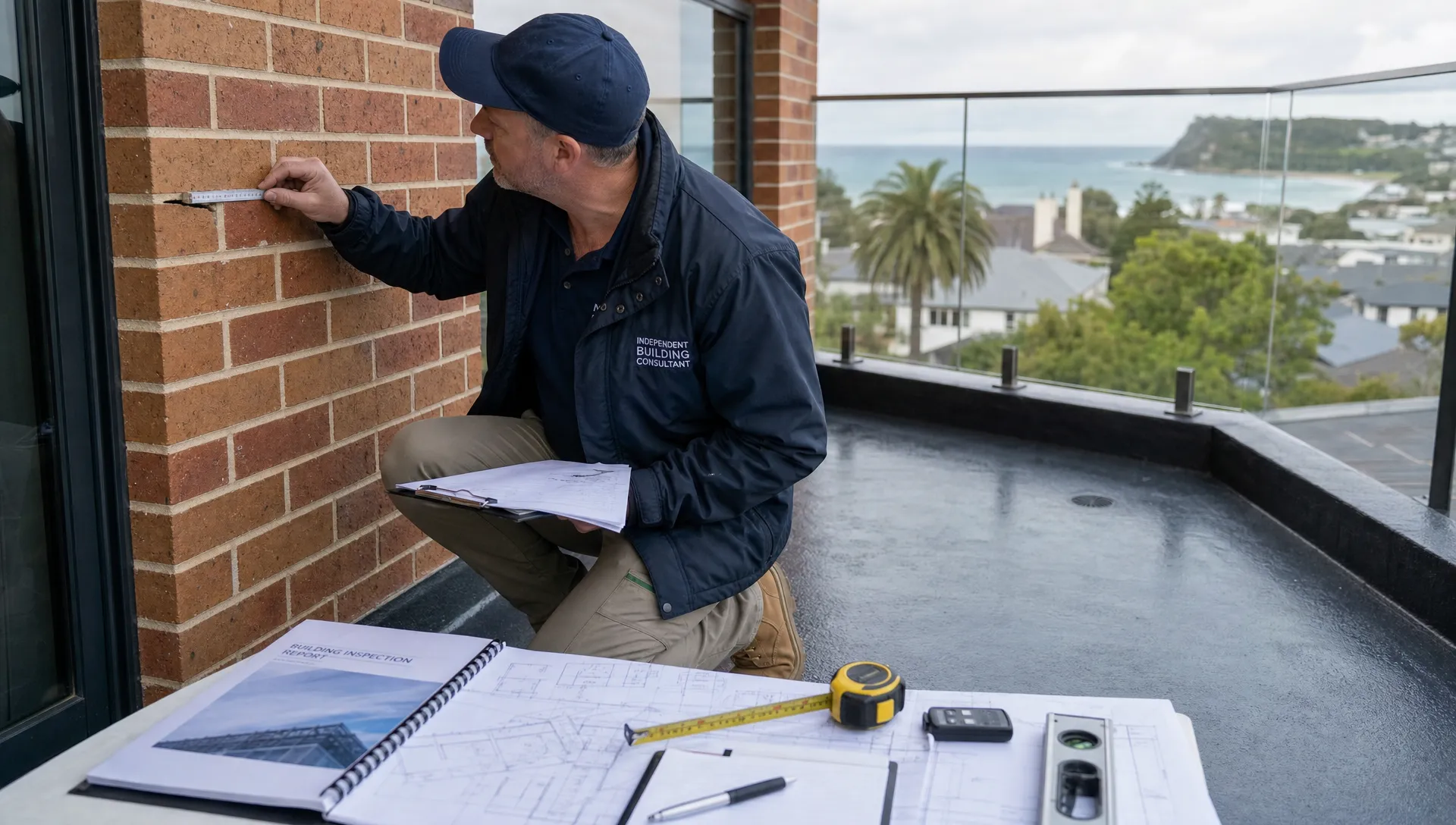 An independent building consultant inspecting external brickwork and balcony waterproofing at a Sydney residential property, with notes, measuring tools, and construction documents on a nearby table.