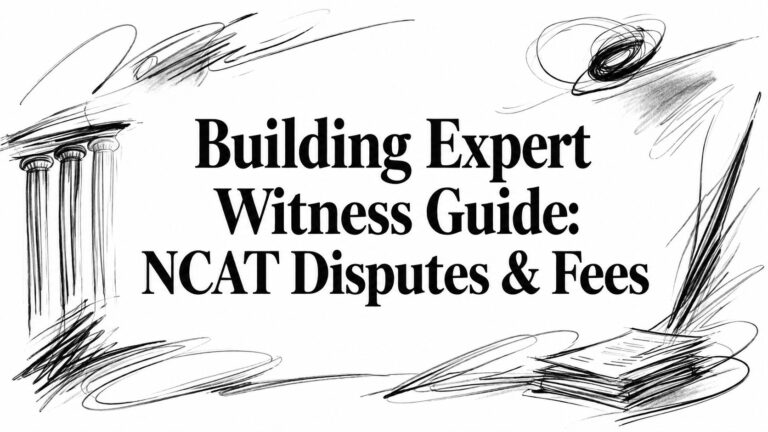 Banner-style image with the title: 'Building Expert Witness Guide: NCAT Disputes & Fees' and rough ink sketches of columns and a stack of books