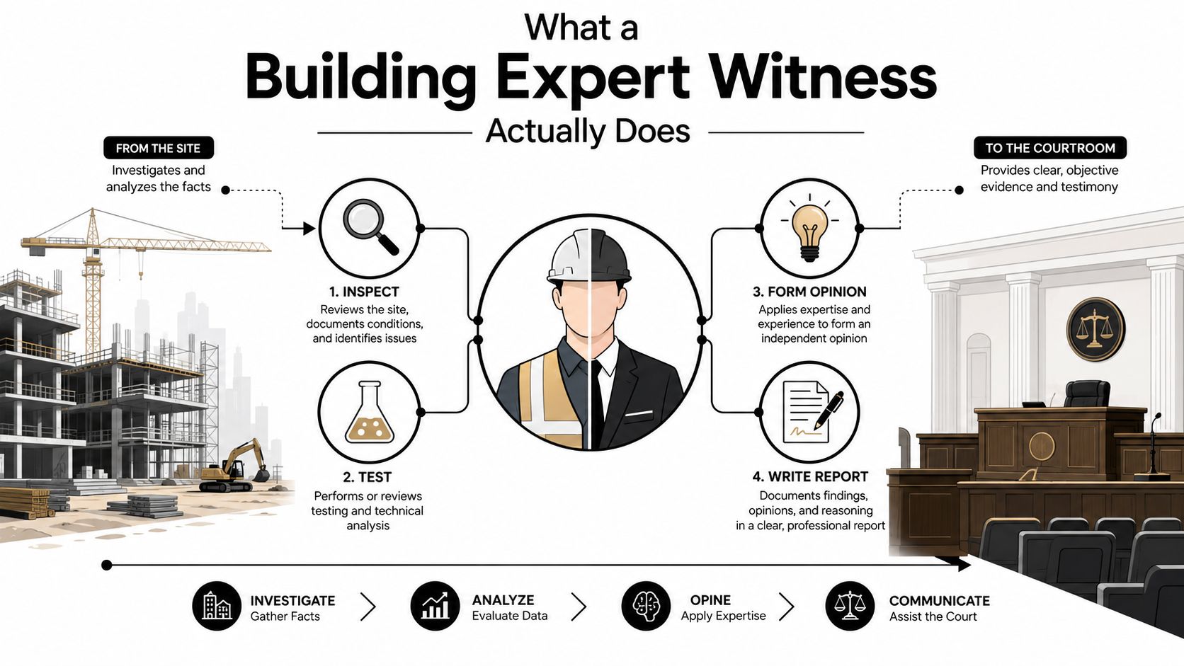 An infographic illustrating the professional responsibilities of a building expert witness, from site inspection to courtroom testimony.